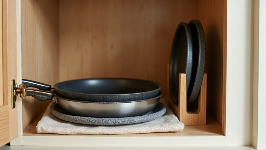 A kitchen cabinet shelf with stainless and nonstick frying pans nested largest to smallest, felt protectors between them and lids stored upright behind