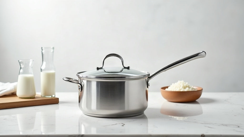 Polished stainless steel saucepan with tempered glass lid on a light countertop beside a jug of milk and a bowl of rice