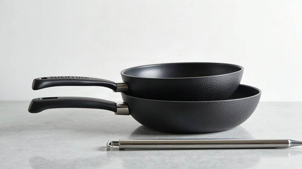 Two black honeycomb-textured nonstick frying pans with a slim detachable handle on a light stone countertop