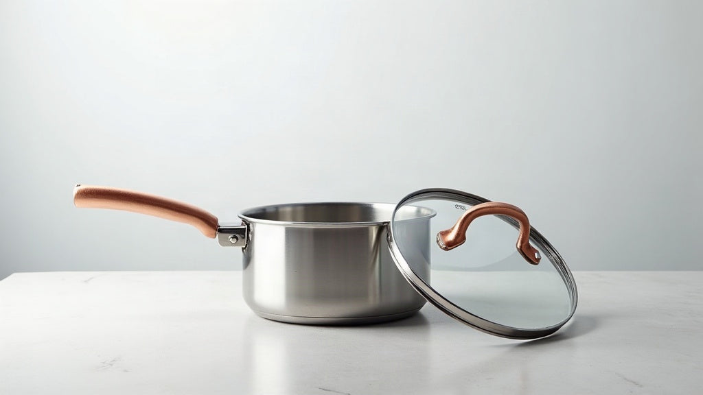 Polished stainless steel saucepan with a copper-coloured handle and its glass lid beside it on a light stone countertop