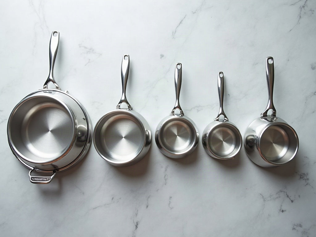 Five stainless steel saucepans and stock pots of increasing size in a row on a light stone countertop