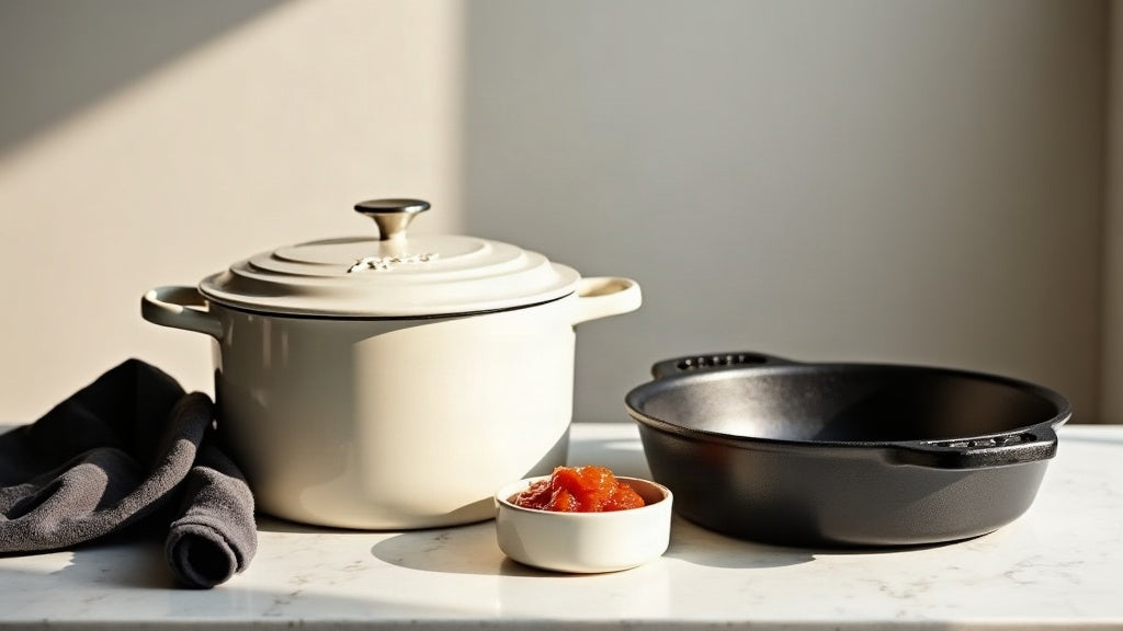 Cream white enameled cast iron Dutch oven beside a matte black bare cast iron skillet on a limestone worktop