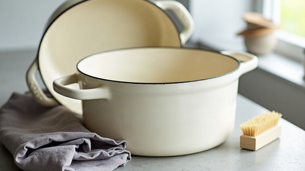 Cream white enameled cast iron Dutch oven dried on a worktop beside a linen cloth and stiff brush