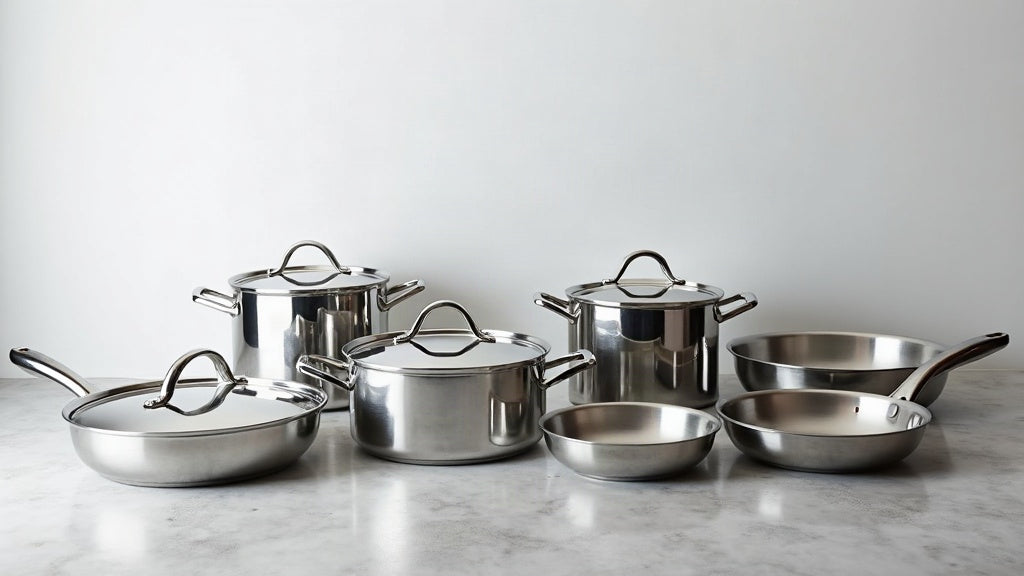 Ciwete stainless steel cookware set arranged next to individual pots and pans on a kitchen counter
