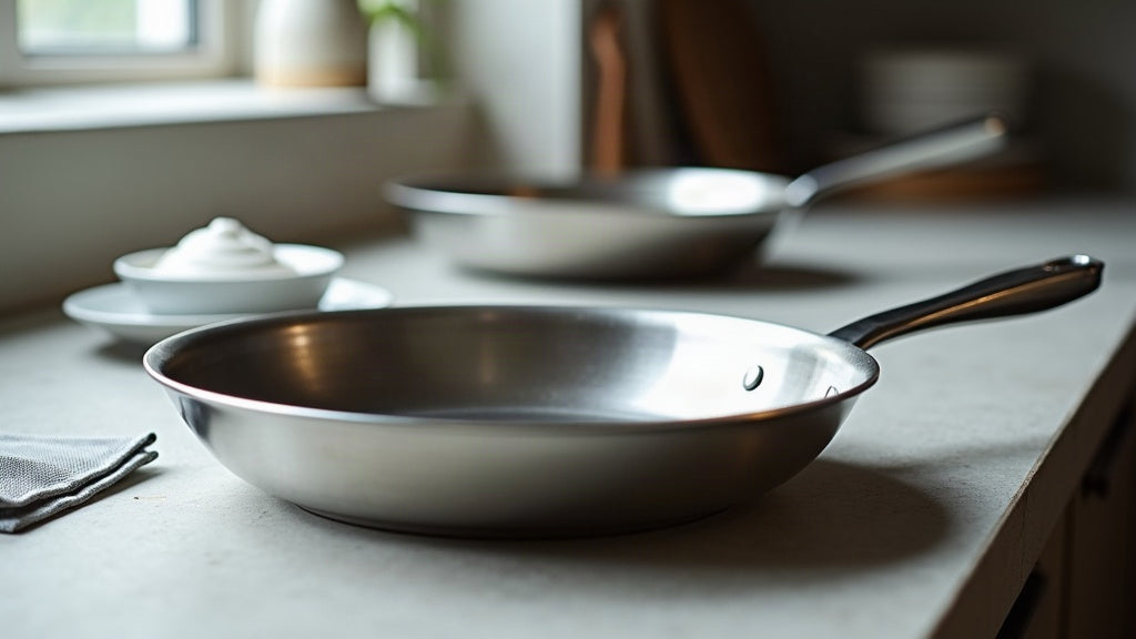Close-up of a mirror-polished tri-ply stainless steel frying pan on a dark worktop with a small rust-coloured water spot on the magnetic base and a cloth and vinegar beside it