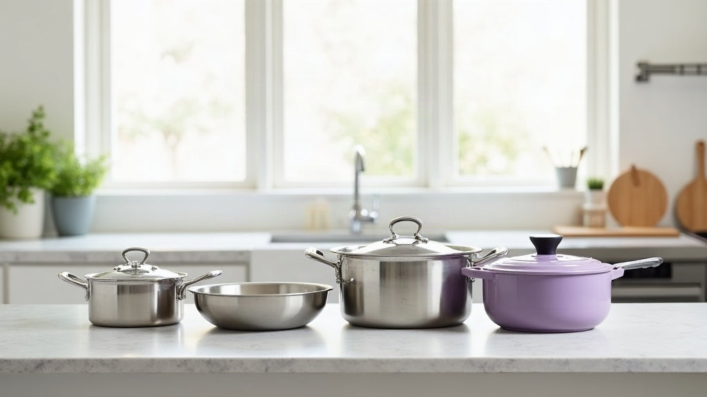Six-language cookware vocabulary next to a stainless saucepan, frying pan and stock pot