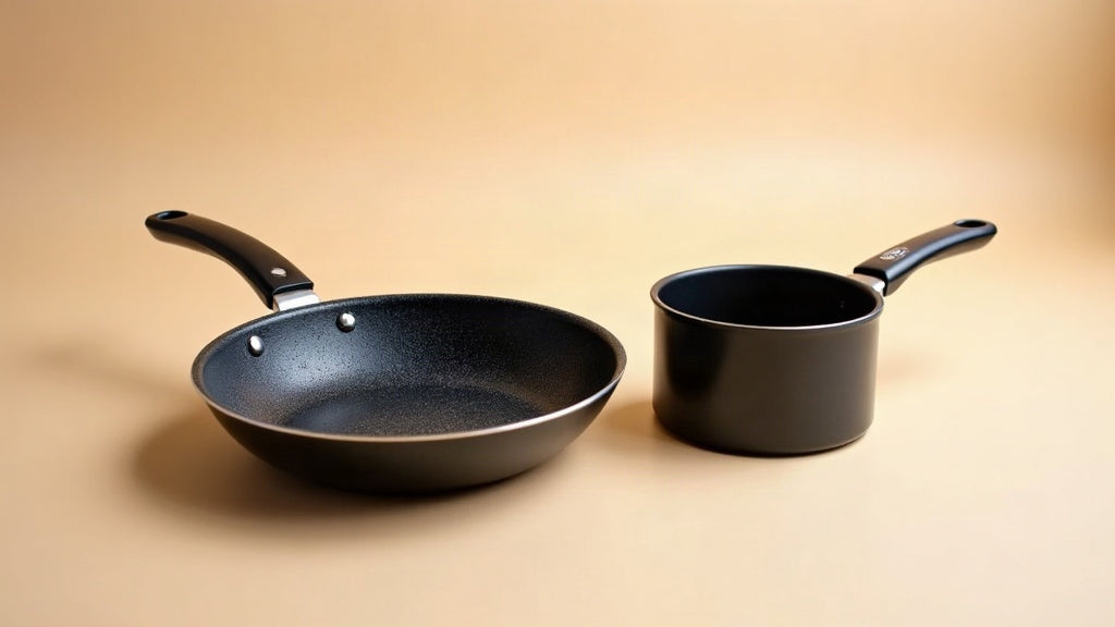Ciwete honeycomb nonstick frying pan with detachable handle beside a matching honeycomb saucepan