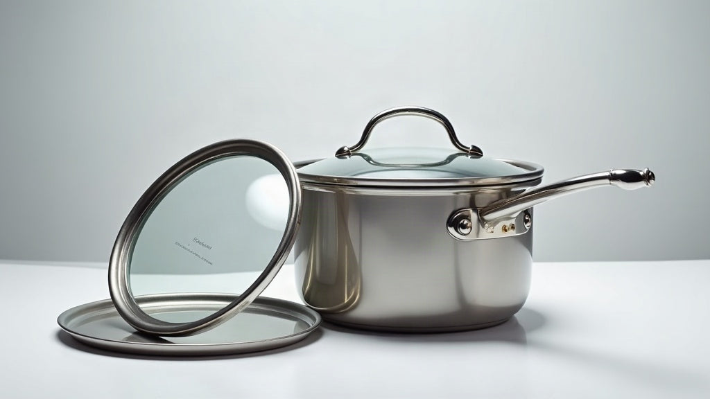 Tempered glass cookware lid with steam vent propped beside a stainless steel pot with brass and silicone-wrapped handles