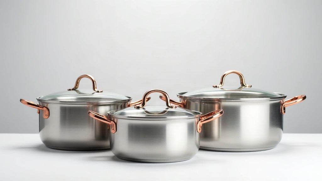 Three stainless steel stock pots of different sizes in a row with glass lids and copper-coloured handles on a light grey studio background