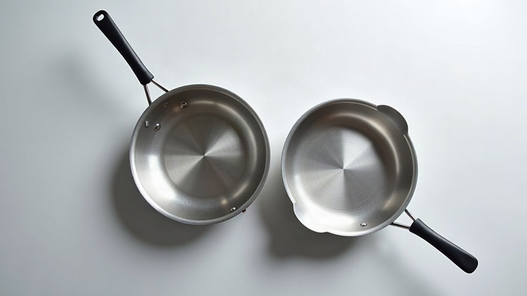 A 12 inch stainless steel frying pan with its sealed glass lid beside an open tri-ply frying pan