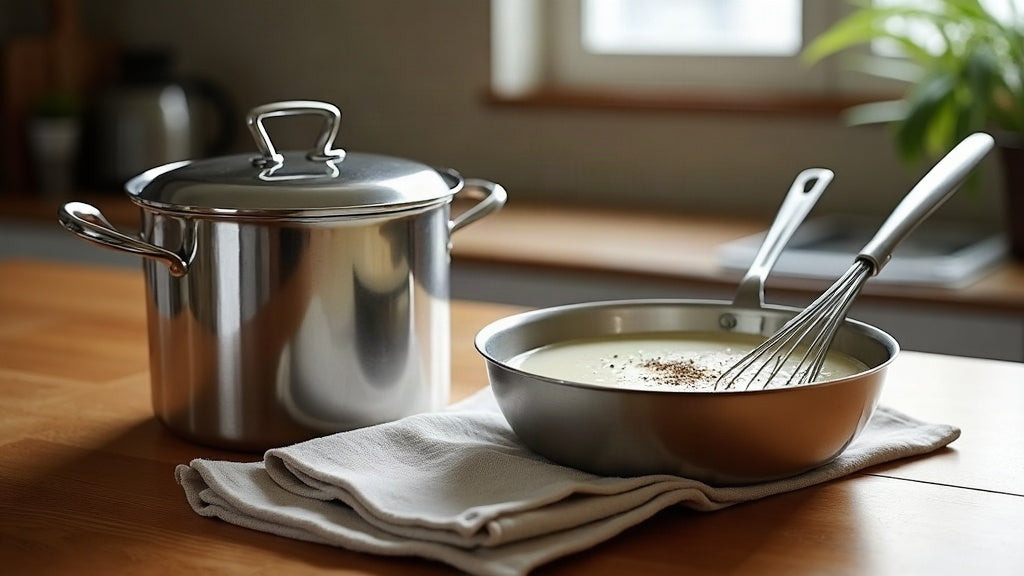 A straight-sided stainless saucepan beside a saucier with splayed sides on a pale counter, cream sauce being whisked in the saucier