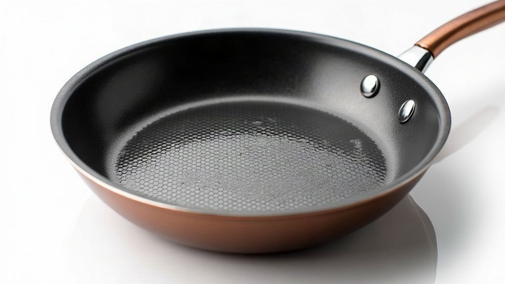 Close-up of a stainless steel frying pan showing a laser-etched honeycomb nonstick cooking surface