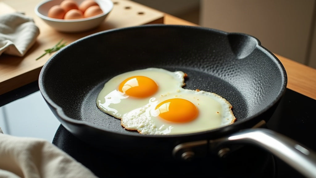 Two fried eggs setting in an 8 inch honeycomb nonstick frying pan on a hob alongside a mirror-polished stainless steel skillet on a warm kitchen counter