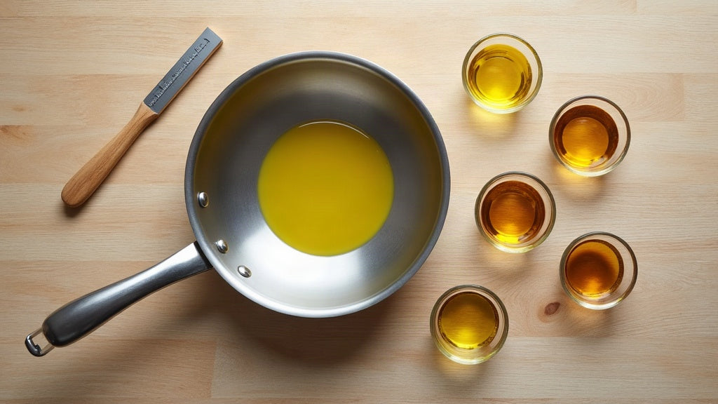 Stainless steel frying pan with a shallow pool of golden oil surrounded by bowls of different cooking oils