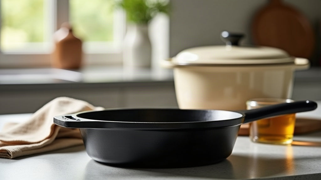 Bare cast iron pan and a cream-white enameled cast iron Dutch oven side by side on a stone worktop