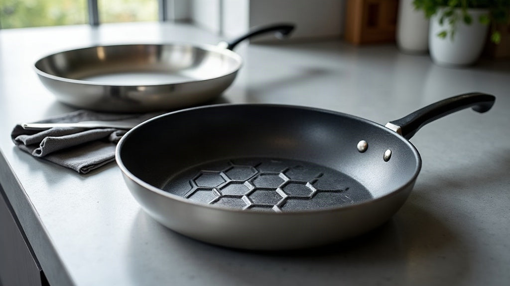 A bare mirror-polished stainless steel frying pan beside a dark honeycomb-textured nonstick pan on a stone counter