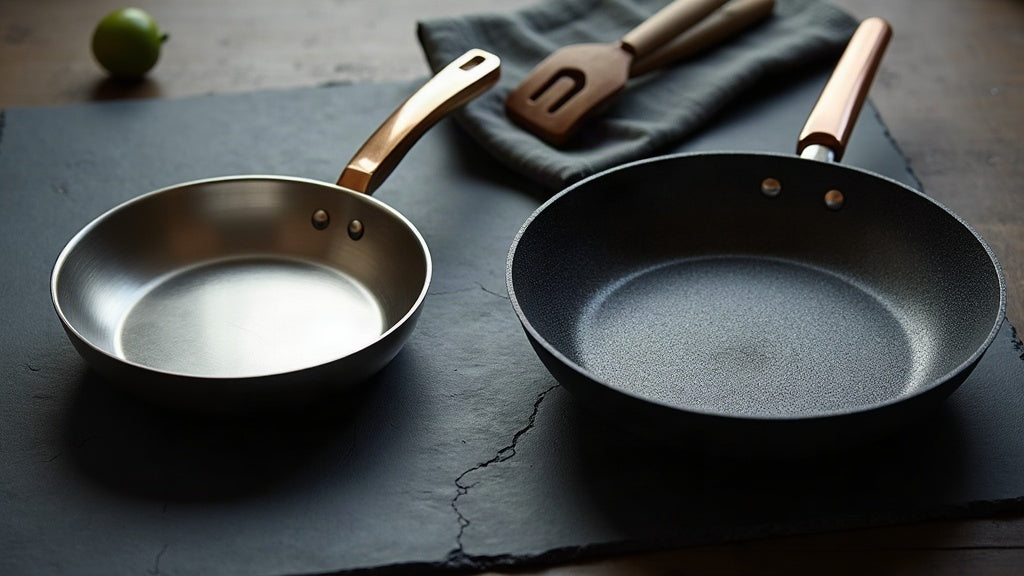 Tri-ply stainless steel frying pan and honeycomb nonstick frying pan side by side on a dark stone surface
