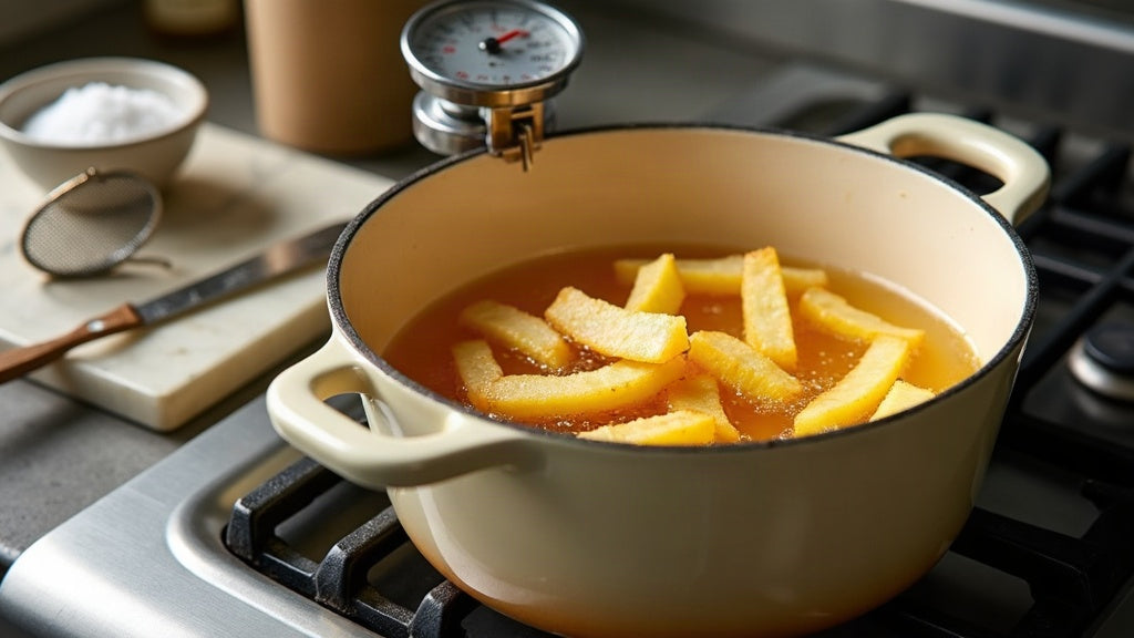 Cream enameled cast iron Dutch oven filled with hot oil and golden fries with a clip-on thermometer