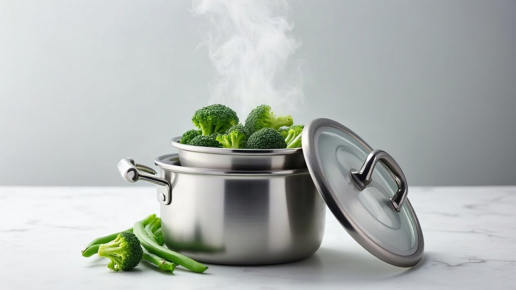 Stainless steel saucepan with an 8 inch steamer insert full of broccoli and green beans, steam rising