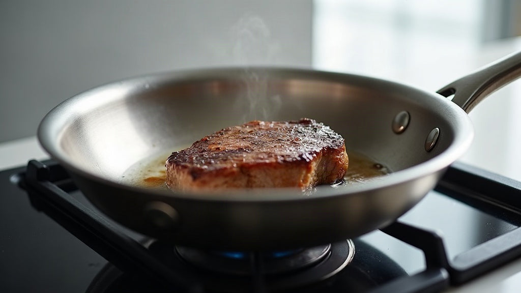 Stainless steel frying pan searing a steak on a gas hob