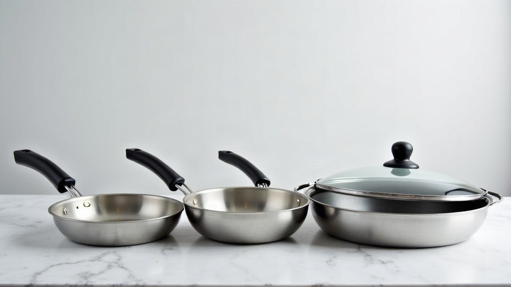 Four stainless steel frying pans of increasing diameter in a row on a light grey countertop, one honeycomb nonstick pan with a detachable handle, one with a brass handle and one with a glass lid