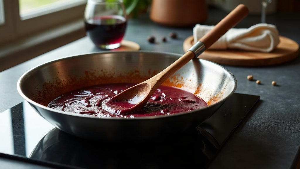 A mirror-polished tri-ply stainless steel frying pan on a dark hob with wine being poured in and a wooden spoon scraping browned fond into a glossy pan sauce