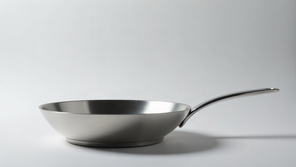 Polished tri-ply stainless steel frying pan photographed from a low angle, with the bonded layered rim visible in close-up
