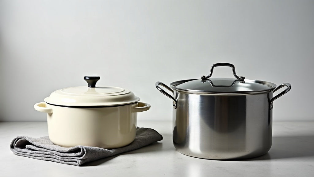 Enameled cast iron Dutch oven beside a tall stainless steel stock pot on a kitchen worktop