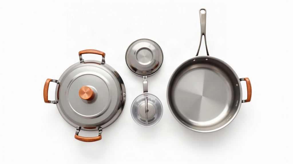 Mirror-polished stainless steel cookware with copper-toned handles and glass lids on a white background