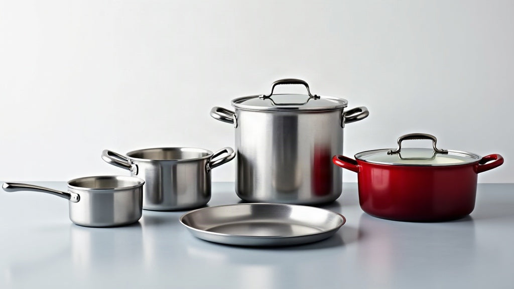 Four kinds of cookware on a light grey countertop: a polished stainless saucepan with lid, a tall stainless stock pot with glass lid, a red enameled cast iron Dutch oven, and a stainless frying pan
