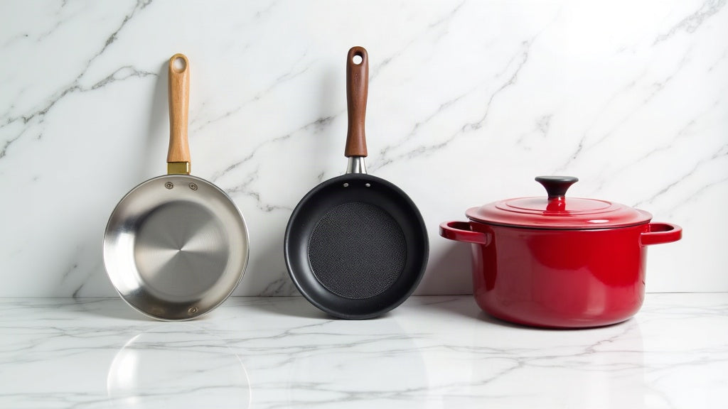Three cookware pieces side by side on a marble countertop: a mirror-polished stainless steel frying pan, a honeycomb nonstick skillet and a red enameled cast iron Dutch oven