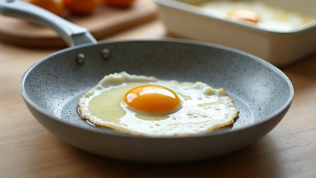 Ceramic honeycomb nonstick frying pan interior with a fried egg on a pale worktop