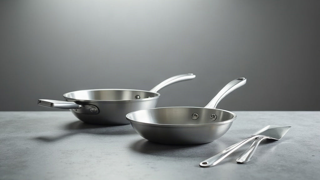 Tri-ply stainless steel frying pans beside a thin bare aluminium pan on a grey worktop