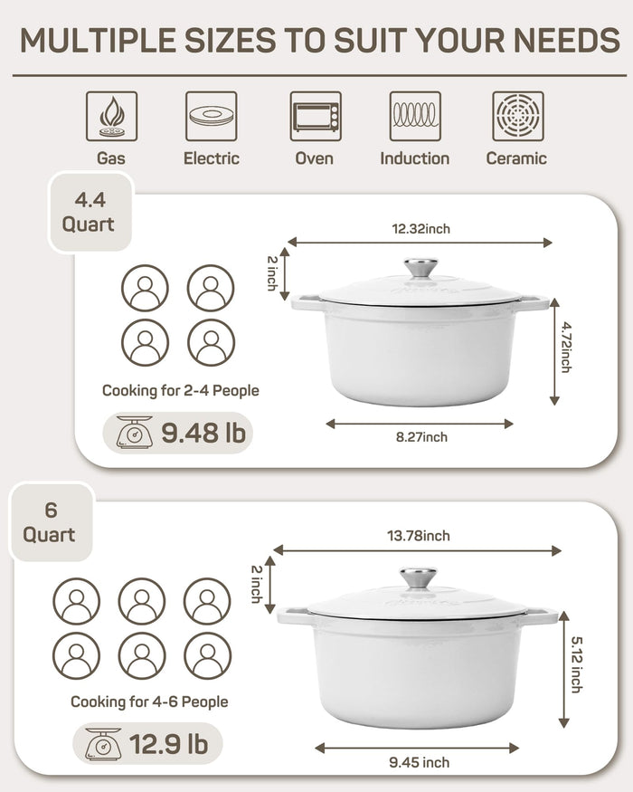 Enameled Cast Iron Dutch Oven, 6 qt / 5.68 L, Cream White — Ciwete (view 2)
