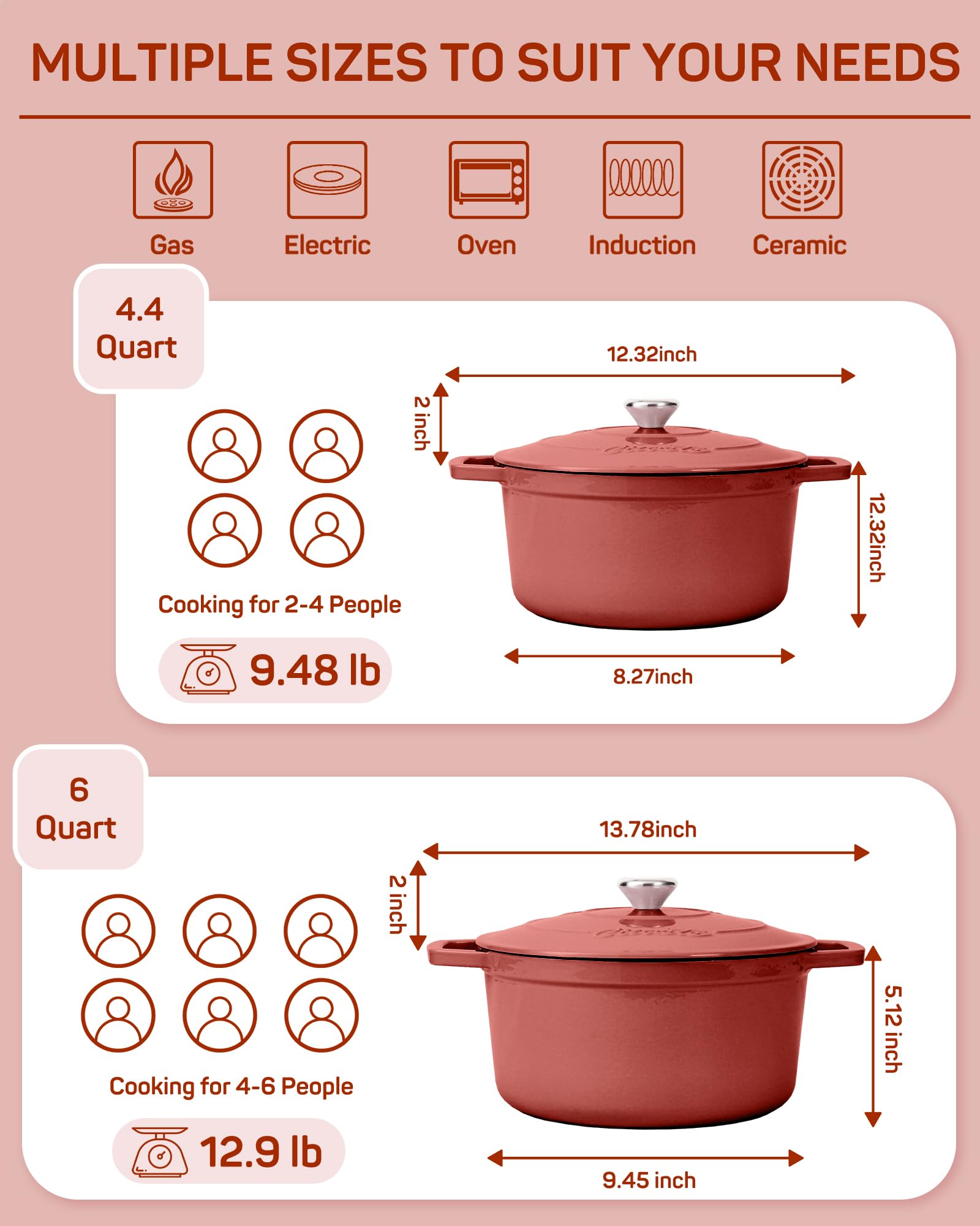 Enameled Cast Iron Dutch Oven, 4.4 qt / 4.16 L, Red — Ciwete (view 2)