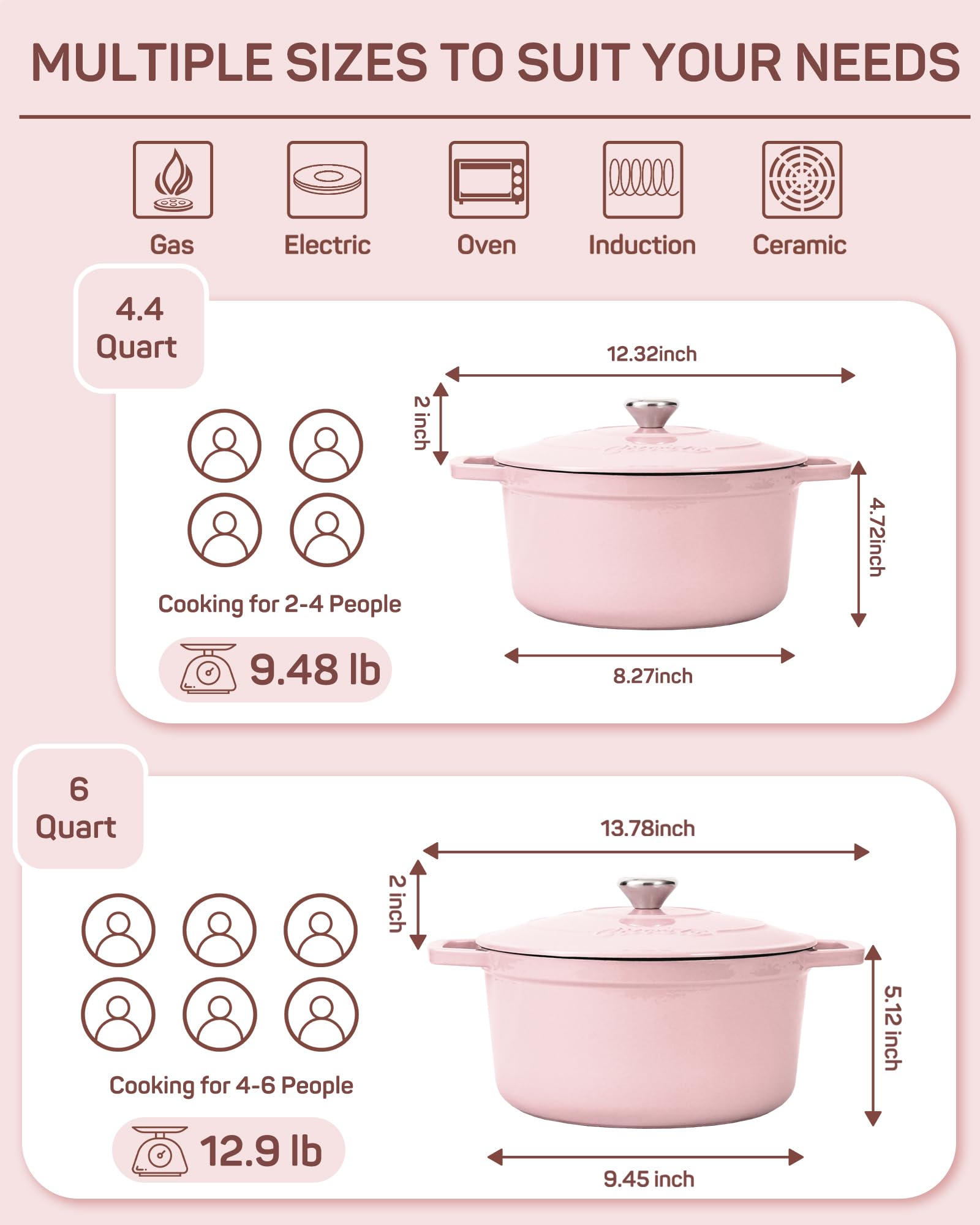 Enameled Cast Iron Dutch Oven, 4.4 qt / 4.16 L, Light Pink — Ciwete (view 2)