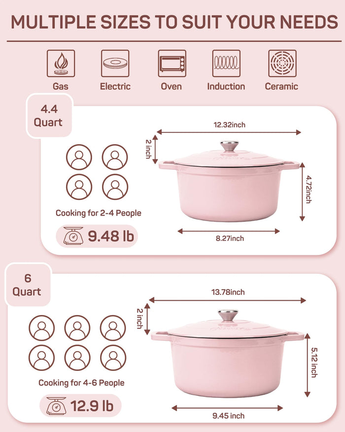Enameled Cast Iron Dutch Oven, 4.4 qt / 4.16 L, Light Pink — Ciwete (view 2)