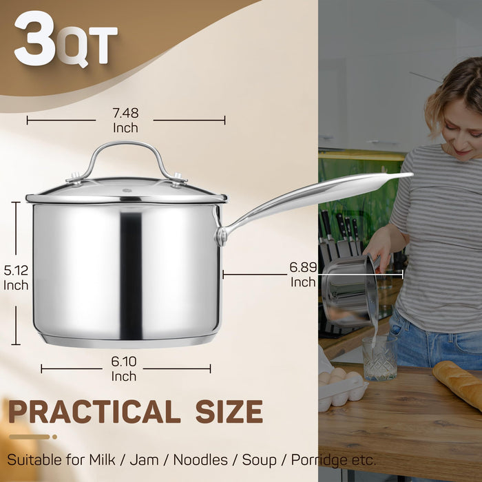 Stainless Steel Sauce Pan with Lid, 3 qt / 2.84 L — Ciwete (view 2)