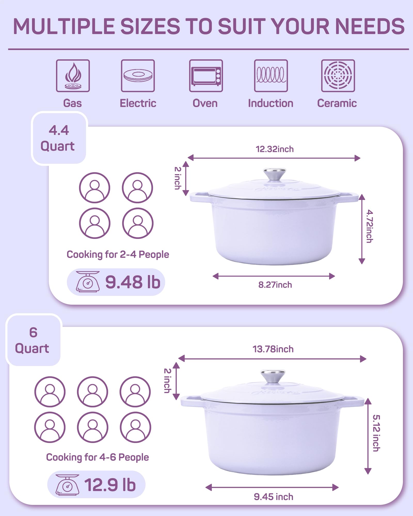 Enameled Cast Iron Dutch Oven, 4.4 qt / 4.16 L, Light Purple — Ciwete (view 2)