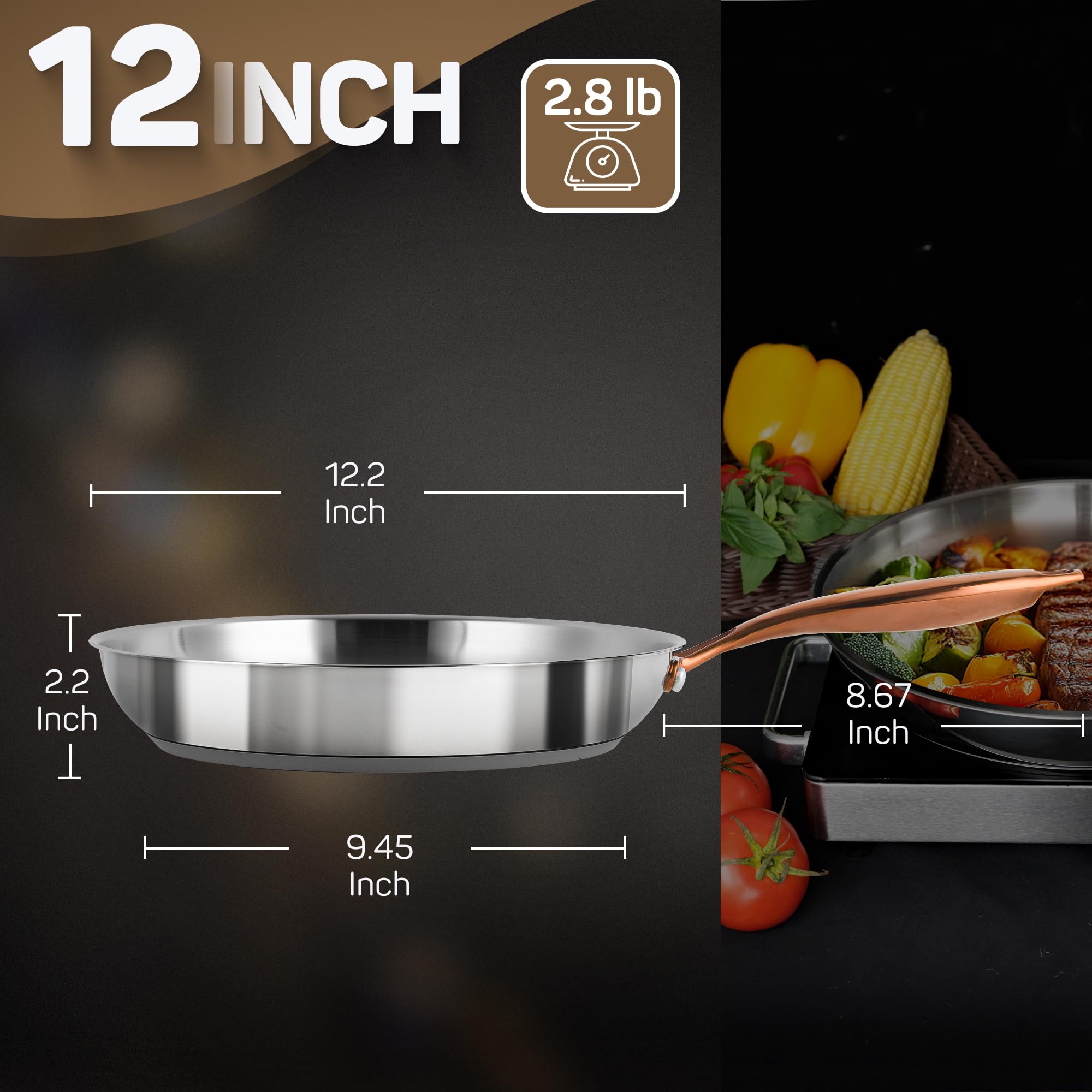 Stainless Steel Frying Pan, 12 in — Ciwete (view 2)