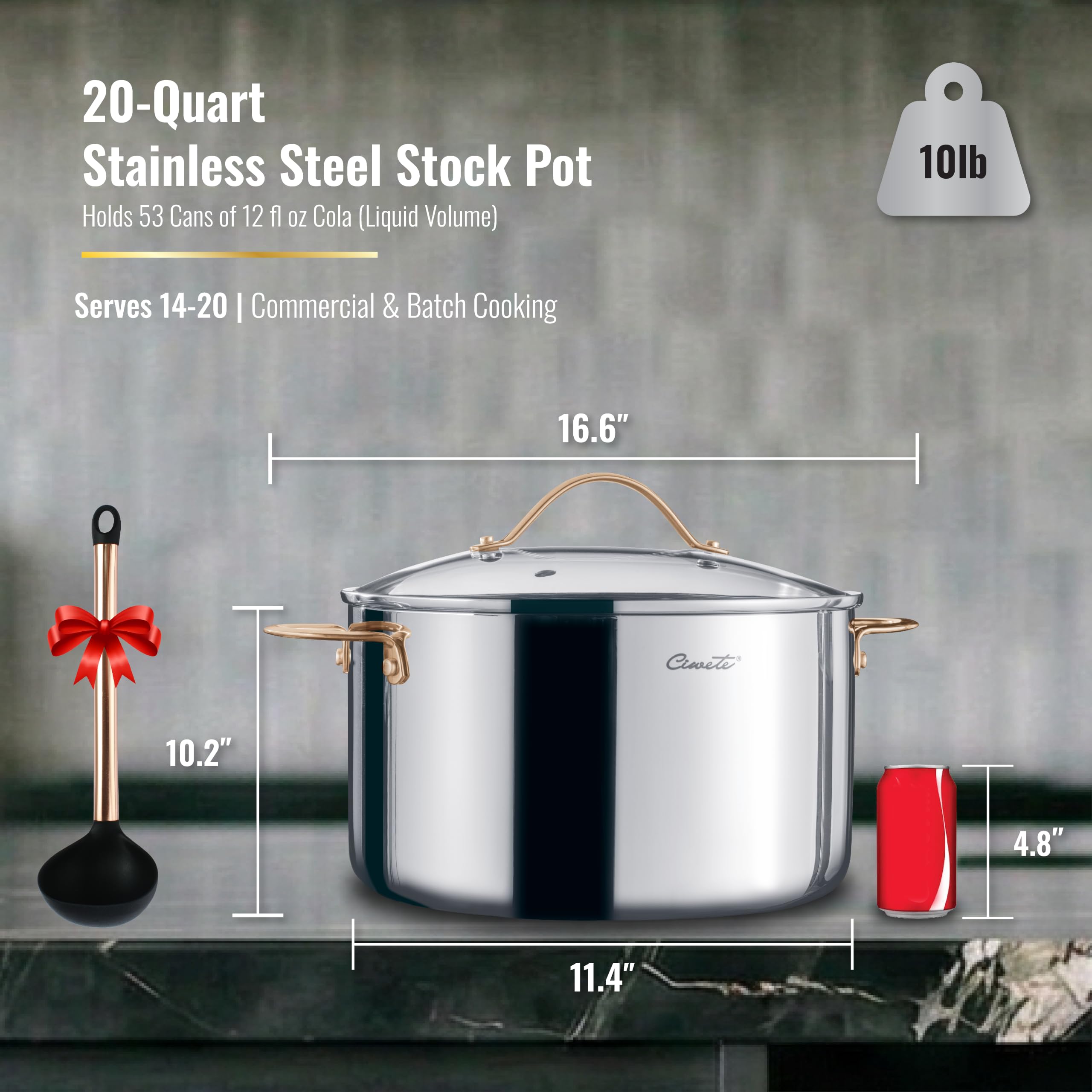 Stainless Steel Stock Pot with Lid, 20 qt / 18.93 L — Ciwete (view 2)