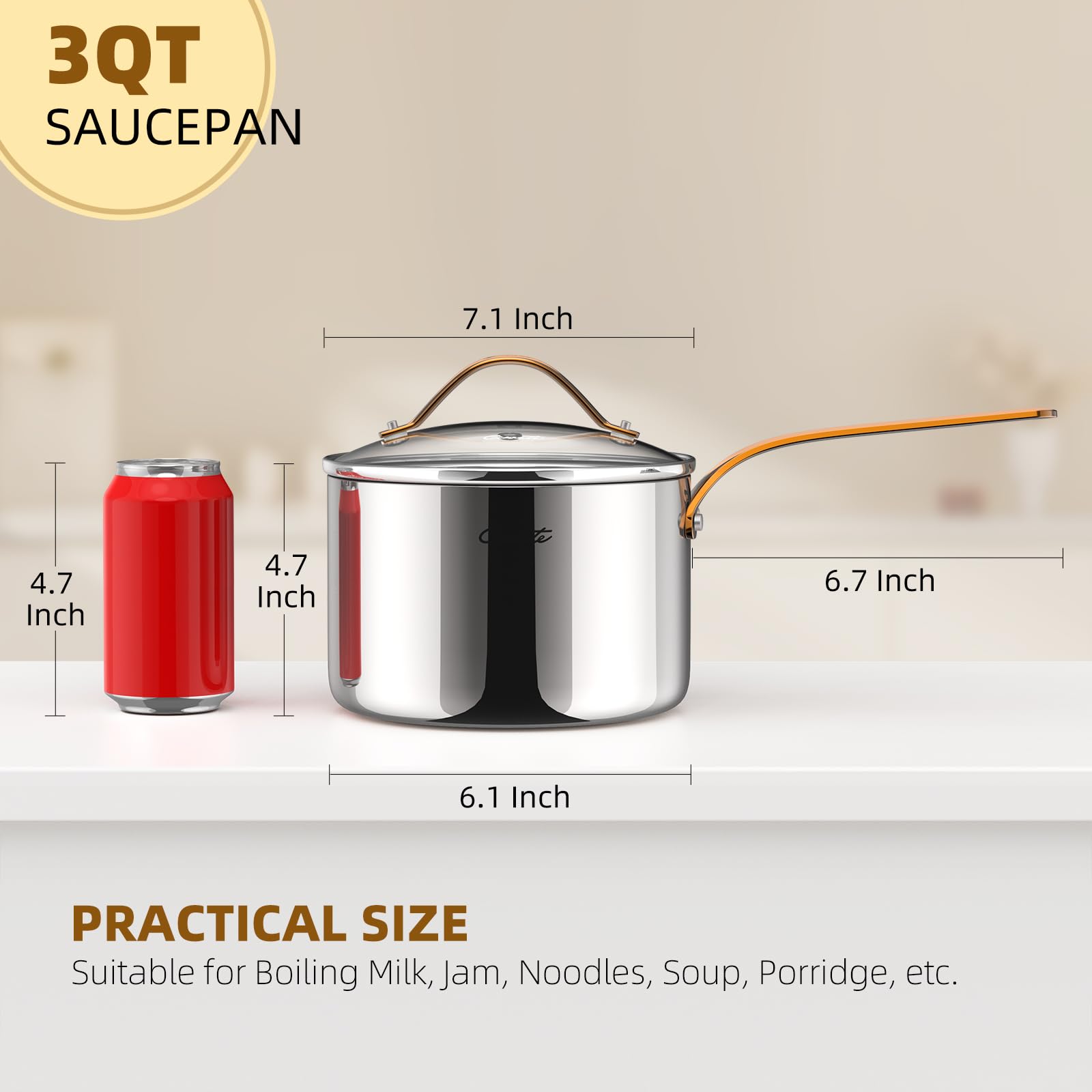Stainless Steel Sauce Pan with Lid, 3 qt / 2.84 L — Ciwete (view 2)