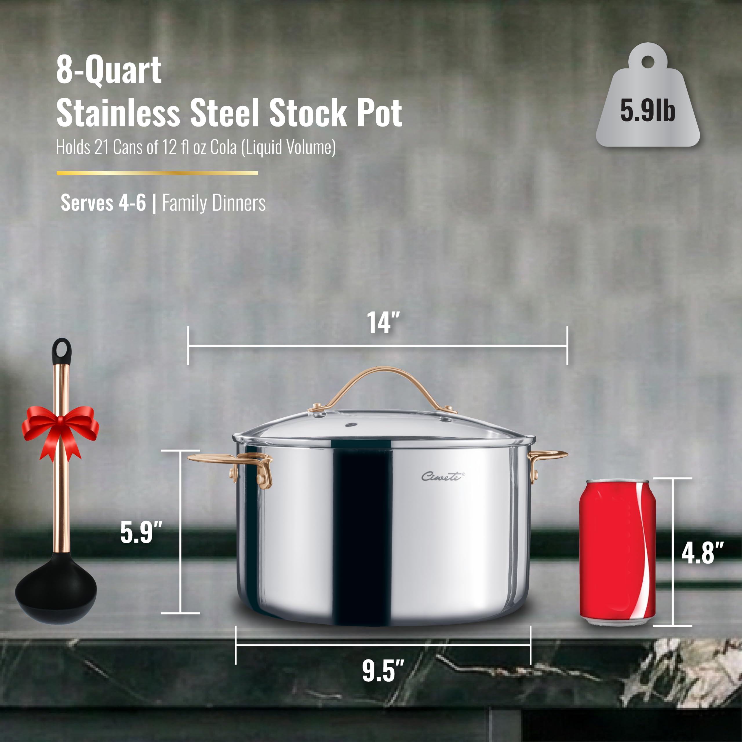 Stainless Steel Stock Pot with Lid, 8 qt / 7.57 L — Ciwete (view 2)