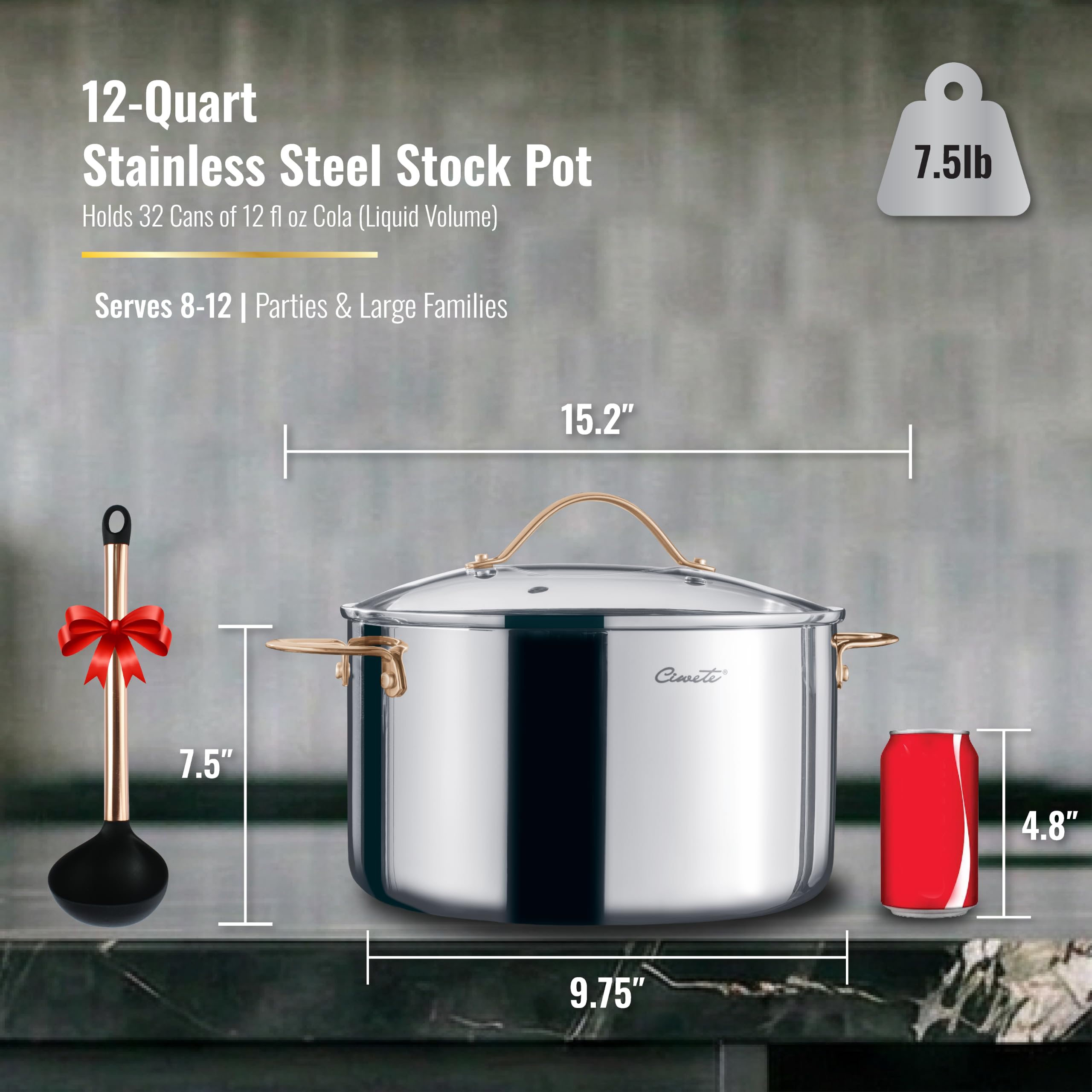 Stainless Steel Stock Pot with Lid, 12 qt / 11.36 L — Ciwete (view 2)