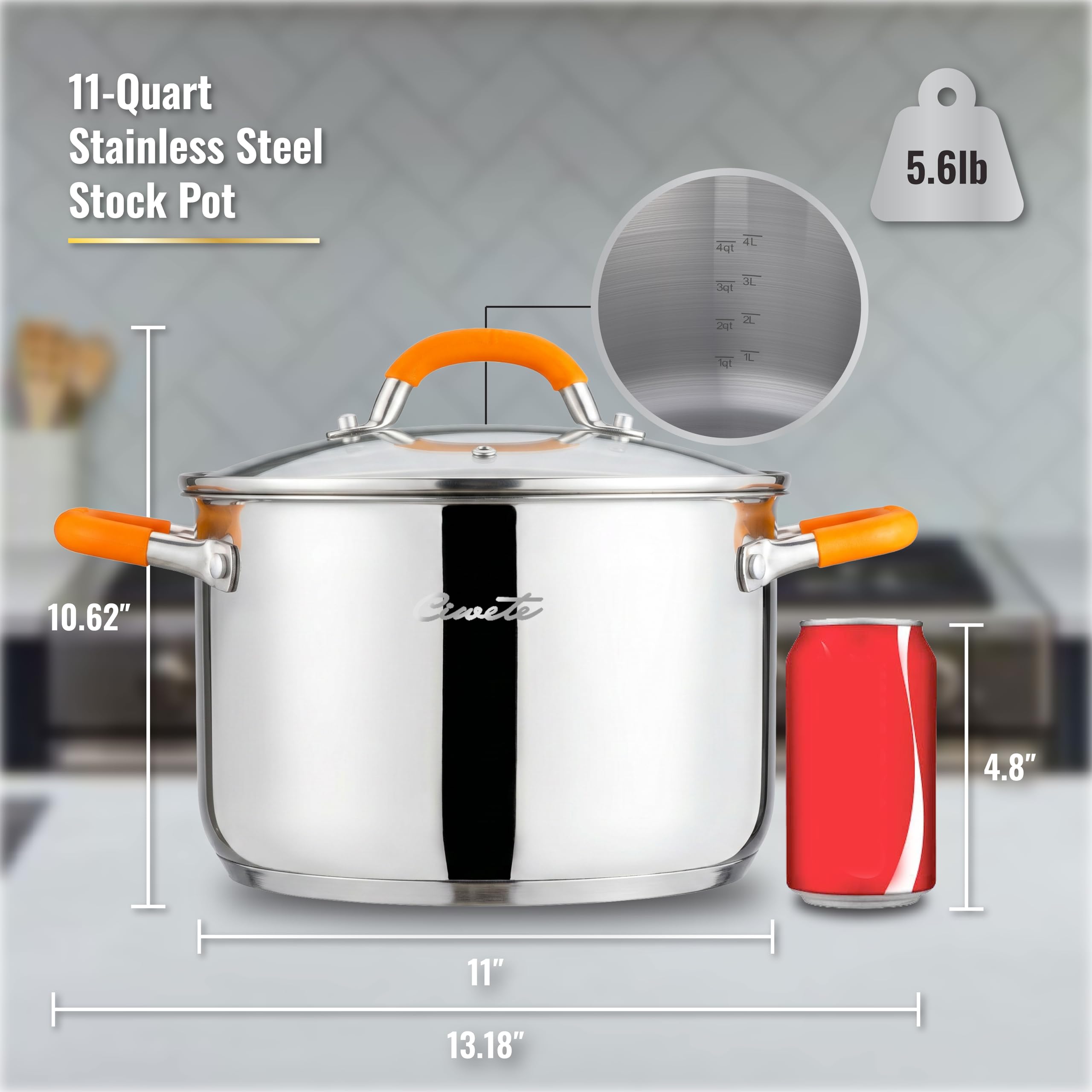 Stainless Steel Stock Pot with Lid, 11 qt / 10.41 L — Ciwete (view 3)