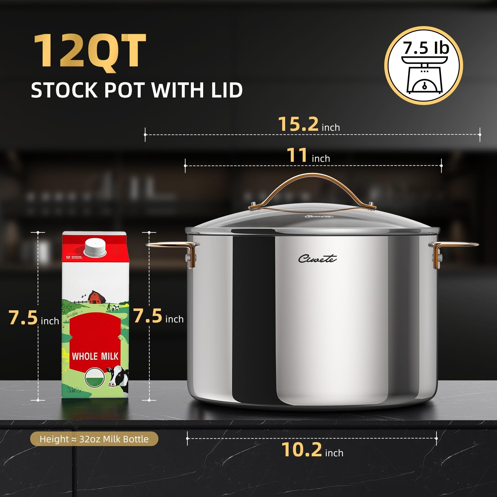 Stainless Steel Stock Pot with Lid, 12 qt / 11.36 L — Ciwete (view 2)