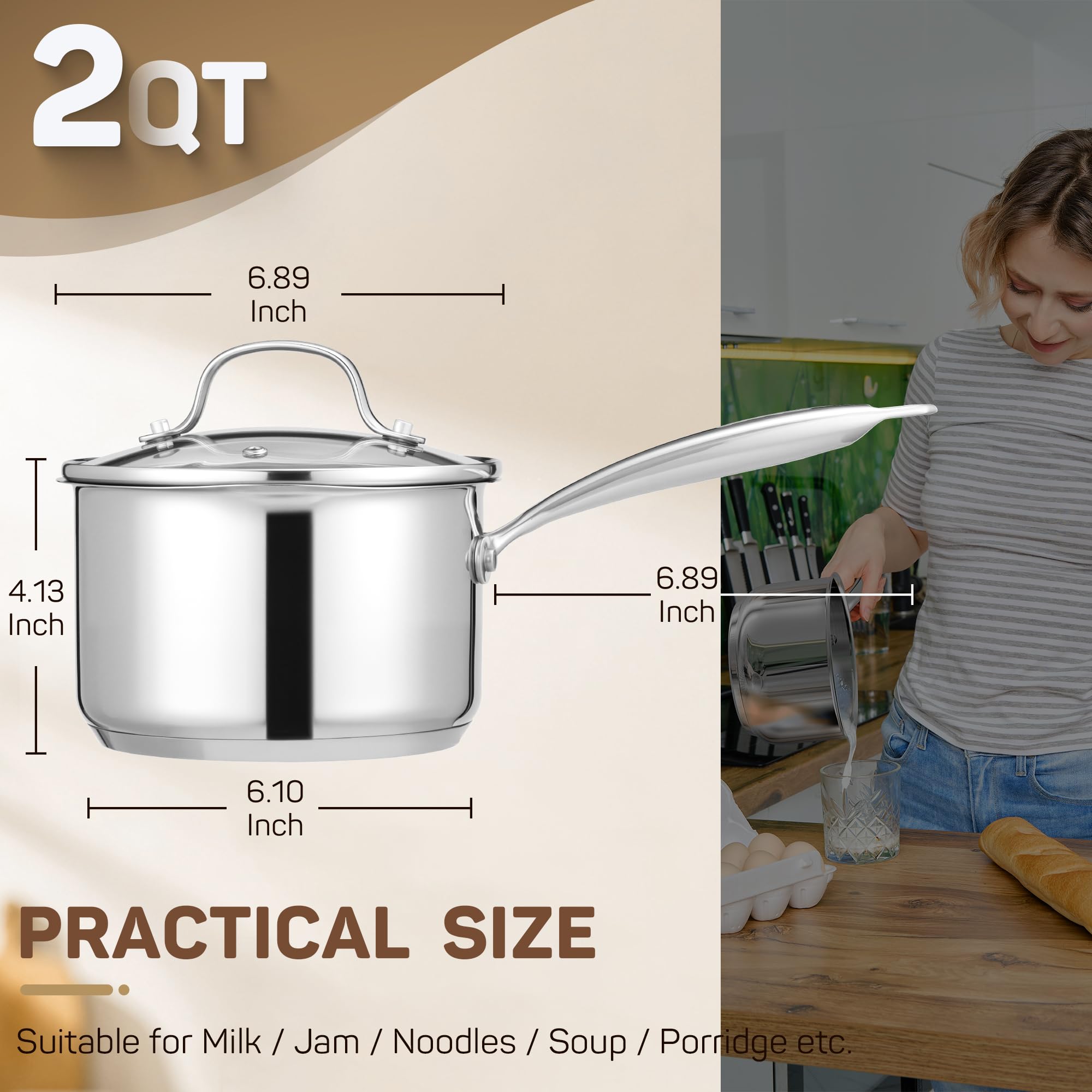 Stainless Steel Sauce Pan with Lid, 2 qt / 1.89 L — Ciwete (view 2)