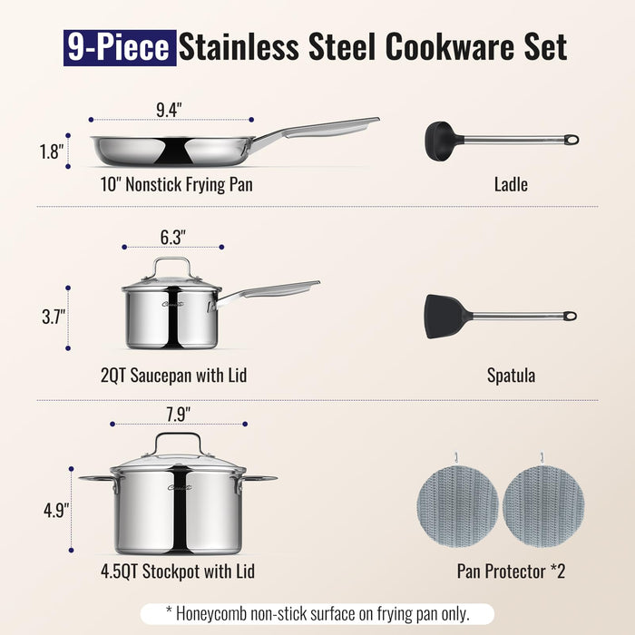 9-Piece Stainless Steel Cookware Set, Hybrid Nonstick Frying Pan — Ciwete (view 2)