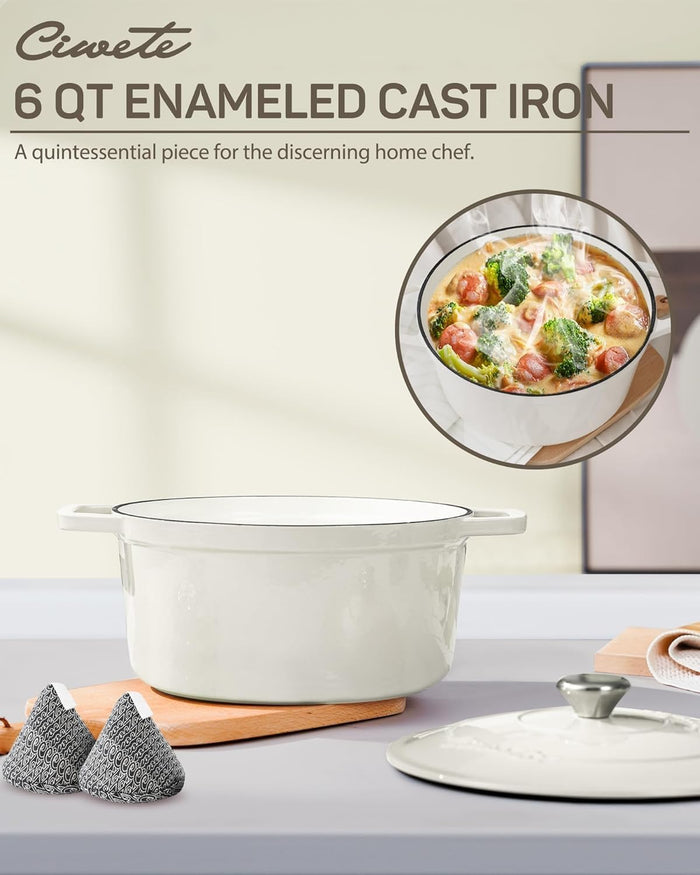 Enameled Cast Iron Dutch Oven, 6 qt / 5.68 L, Cream White — Ciwete (view 3)