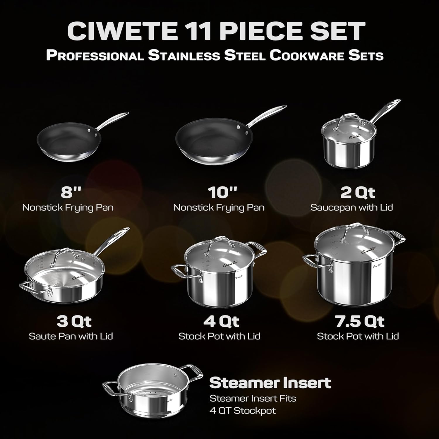 11-Piece Nonstick Stainless Steel Cookware Set — Ciwete (view 3)